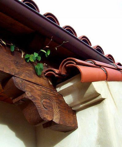 Close up shot of roofing of a house with some plants